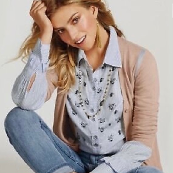 CAbi Whitney Blue Stripe Floral Ruffle Sleeve Button Down Top, size Small 5368 - Picture 4 of 4